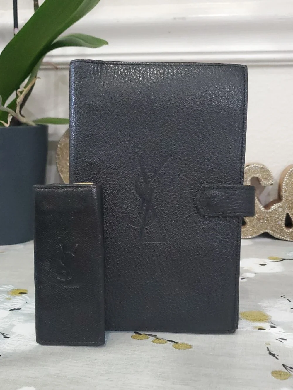 VINTAGE Black textured Leather Yves Saint Laurent Agenda and Keu Holder Bundle